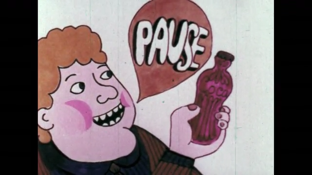 animation still of boy holding a soda pop bottle with "pause" in speech bubble